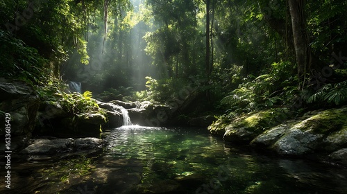 Sunlight breaking through dense jungle canopy to illuminate a waterfall cascading into a hidden pool, vibrant green and sparkling water droplets
