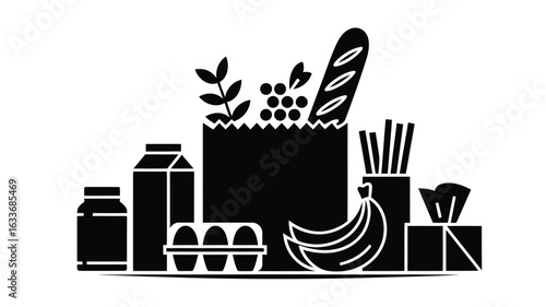 Grocery shopping bag with food items and drinks on white background bread