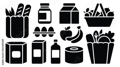 Collection of grocery items and food products on white background bread milk