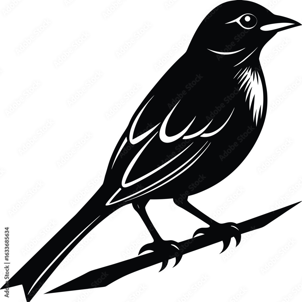 Obraz premium Minimal Bird Silhouette Vector – Single Color Bird on Branch Illustration