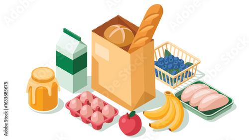 Assorted grocery items arranged on a white background in isometric view groceries