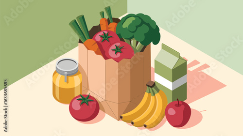 Grocery bag filled with fresh produce and staples on a light background groceries