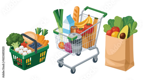 Shopping cart, basket, and bag filled with groceries in isometric view food
