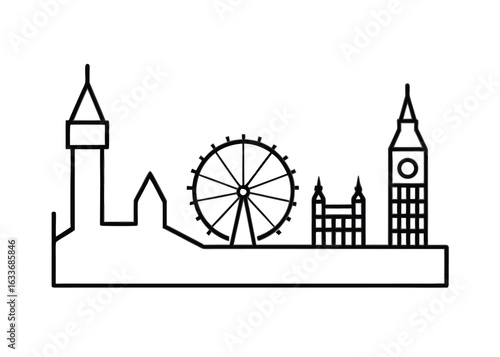 Iconic london cityscape outline featuring big ben and the london eye in a clean vector style