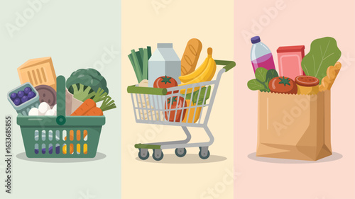 Colorful illustration of grocery shopping basket cart and paper bag food