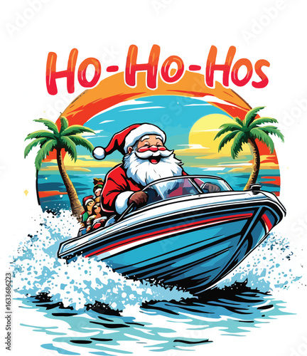 Boats And Ho Ho Ho Santa on a boat Christmas theme for t-shirt design