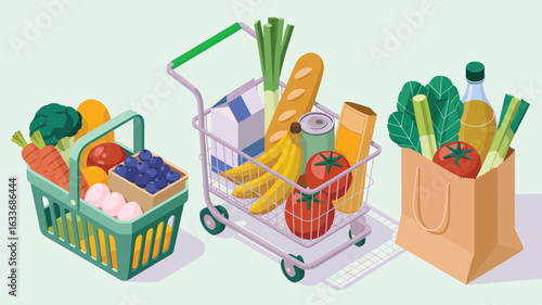 Isometric grocery basket shopping cart and paper bag filled with food image photo