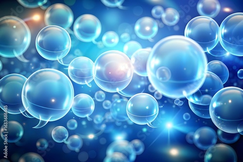 Wallpaper Mural Abstract background of numerous glowing blue transparent spheres and bubbles with light reflections, representing molecules, cells, or digital data in a vibrant, fluid composition Torontodigital.ca