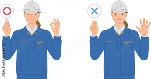 作業服とヘルメットの若い女性セット：マルバツ棒を持つA