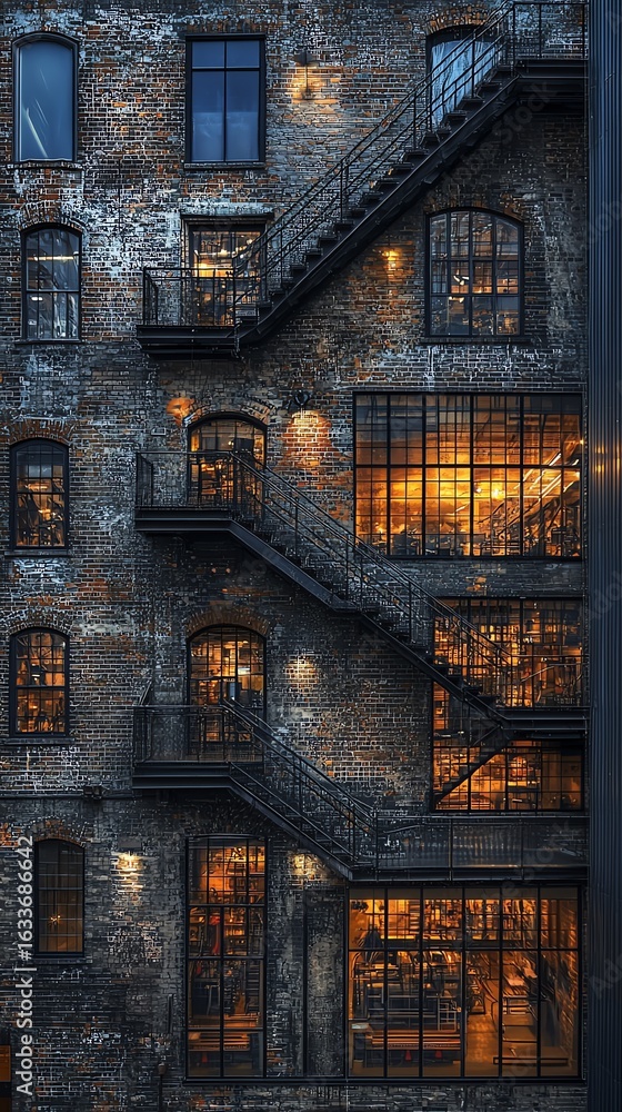 Fototapeta premium Industrial Brick Building with Fire Escape and Warm Interior Lighting at Sunset