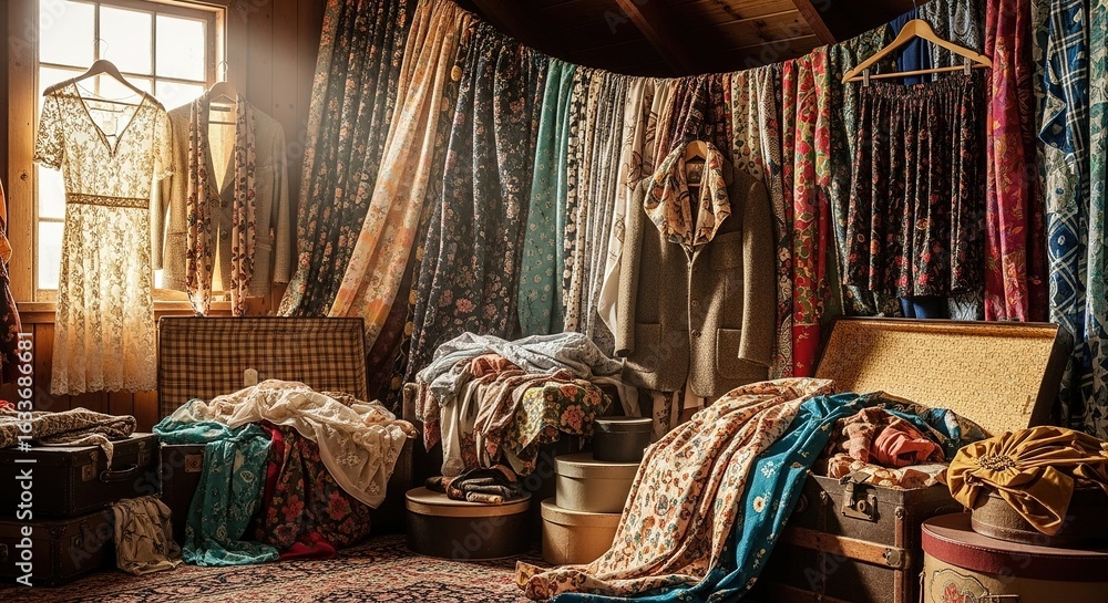Fototapeta premium Room filled with textiles fabrics and clothes hanging and stacked in disarray.