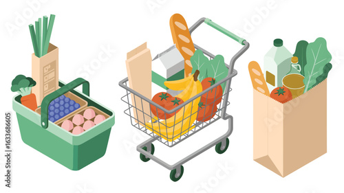 Isometric grocery basket shopping cart and paper bag with food assortment image photo
