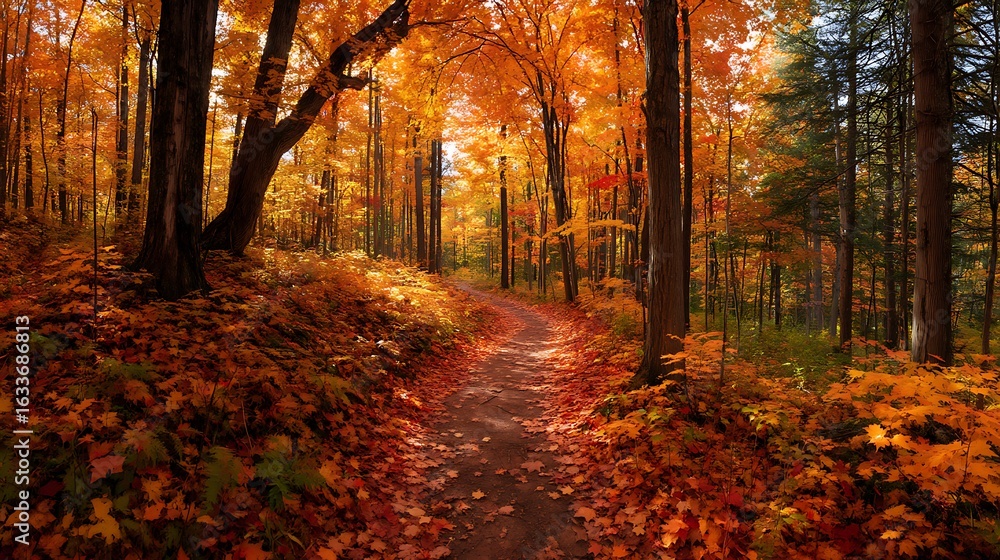 Obraz premium Wide panoramic view of a forest path covered with red, orange, and yellow maple leaves, tall trees arching overhead, soft golden sunlight filtering through