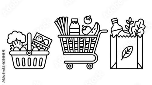 Line art icons for grocery shopping basket cart and paper bag with food trolley