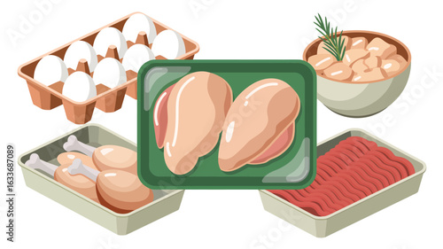 Assortment of raw meat and eggs in packaging and bowl on white background chicken breast