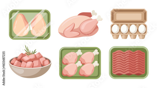 Assortment of Raw and Cooked Poultry and Eggs in Packaging Keywords: chicken, raw chicken, cooked
