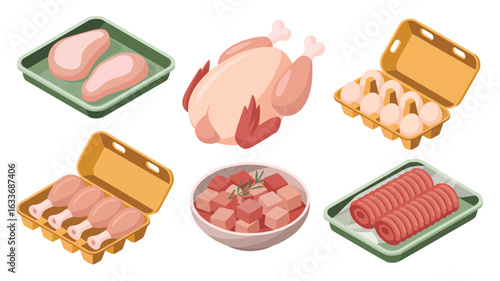 Assortment of Raw and Cooked Poultry and Eggs in Packaging Keywords: chicken, raw chicken, cooked