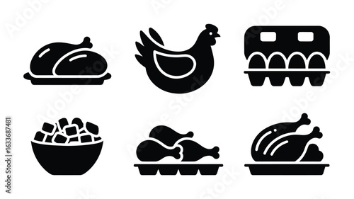 Chicken food icons including whole roast chicken eggs and drumsticks image photo