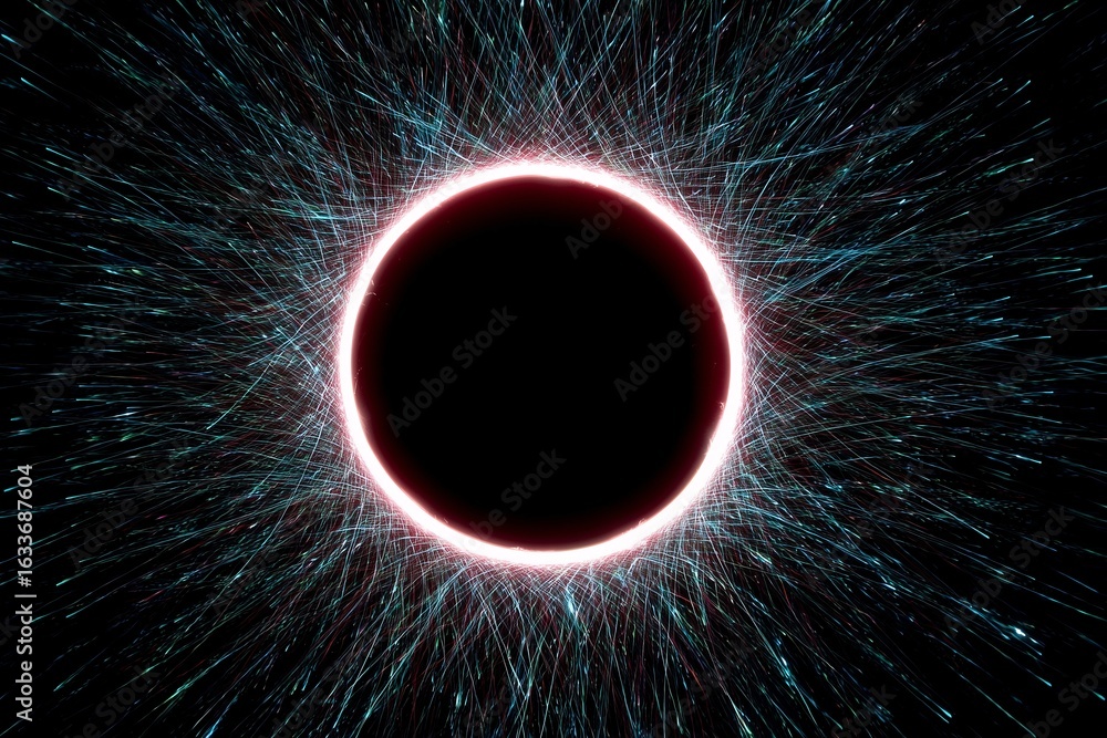 Obraz premium Black circular shape with colorful radiating lines, Abstract design with blue and red hues, Symbolic photo of energy or cosmos