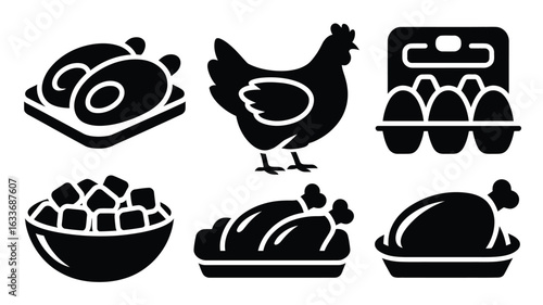 Chicken food icons including whole roast chicken eggs and drumsticks image photo