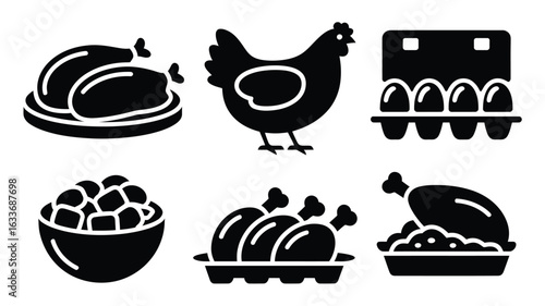 Chicken food icons including whole roast chicken eggs and drumsticks image photo