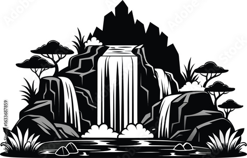 This collection of black and white images depicts illustrations of waterfalls, showing different cascades and surrounding scenery.