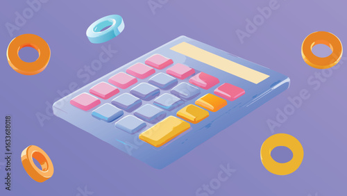 Isometric calculator with colorful buttons and floating donut shapes on a purple background scene