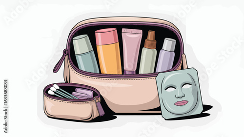Open cosmetic bag with beauty products and face mask on white background makeup skincare