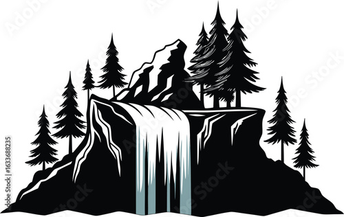 This collection of black and white images depicts illustrations of waterfalls, showing different cascades and surrounding scenery.