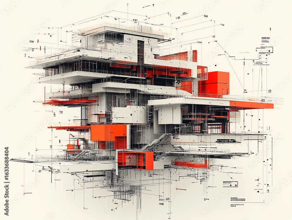 Fototapeta premium Modern Architectural Building Design with Geometric Structure and Red Accents