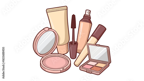 Assortment of makeup and cosmetic products with compact mirrors and brushes cosmetics