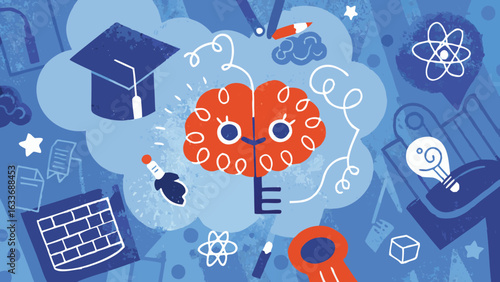 Illustration of a brain key surrounded by educational icons in a cloud shape background design