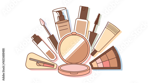 Assortment of cosmetic products arranged in a fan shape on a white background makeup