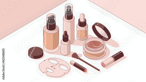 Assortment of cosmetic products arranged on a light pink and white surface makeup