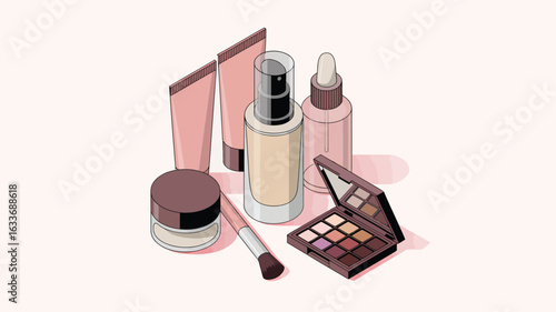 Isometric arrangement of cosmetic products on a light pink background makeup cosmetics