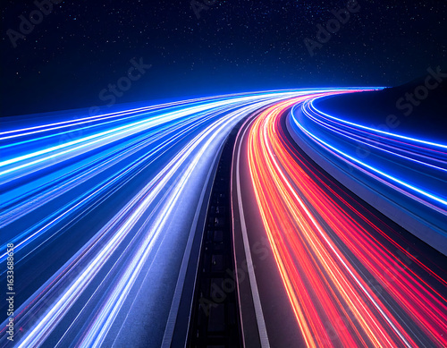 Long exposure captures light trails of vehicles traveling on a highway at night.