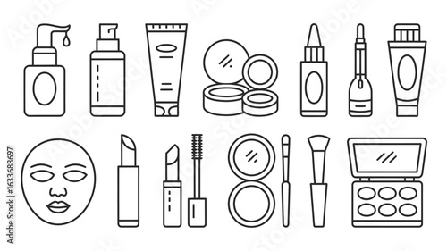 Collection of cosmetic products and makeup tools in outline style cosmetics beauty