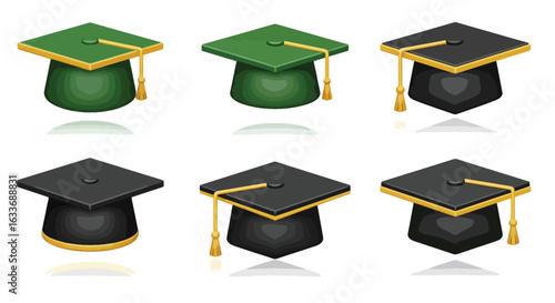Graduation caps green and black isolated