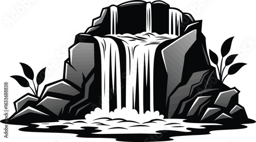 This collection of black and white images depicts illustrations of waterfalls, showing different cascades and surrounding scenery.