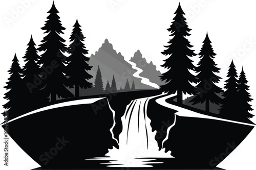 This collection of black and white images depicts illustrations of waterfalls, showing different cascades and surrounding scenery.