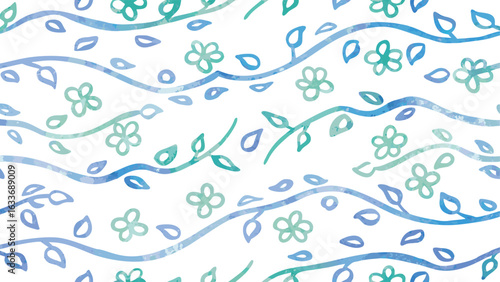 Watercolor floral pattern with wavy branches leaves and flowers in shades of blue and green on white background