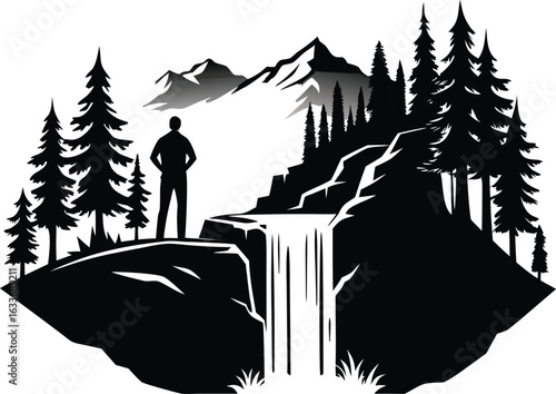This collection of black and white images depicts illustrations of waterfalls, showing different cascades and surrounding scenery.
