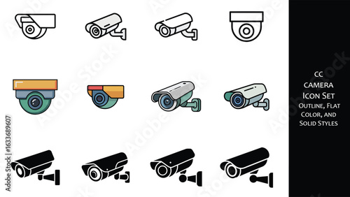 C Camera Icon Set Outline Flat Color and Solid Styles cctv security