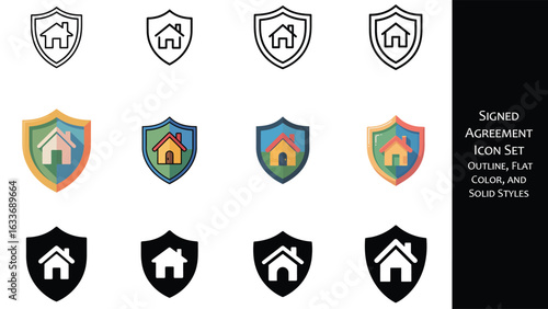 Home security shield icons in outline flat and solid styles house protection