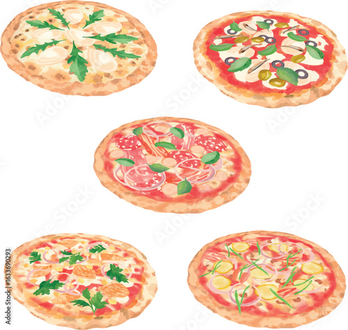 Collection of vector pizzas: Parmesan Arugula Pizza, Napolitana Pizza, Meat Lovers  Pizza, BBQ Chicken Pizza, Bacon Cheeseburger Pizza