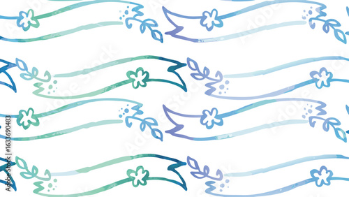 Watercolor floral ribbons and leaves seamless pattern in shades of blue and green on white background