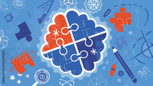 Illustration of a brain made of puzzle pieces surrounded by drawing and design elements on blue