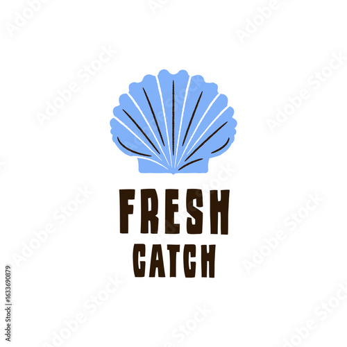 Fresh Catch logo. Minimal shell emblem with bold typography. Suitable for seafood packaging, restaurant branding, menus, or signage. Vector illustration.