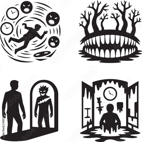horror, fear, scary, anxiety, evil, spooky, nightmare, monster, curse, fear, dark, psychological, terror, icon, set, vector