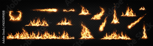 Collection of blazing fire elements in realistic style with orange and yellow tones on transparent background. Ideal for digital art and design projects.